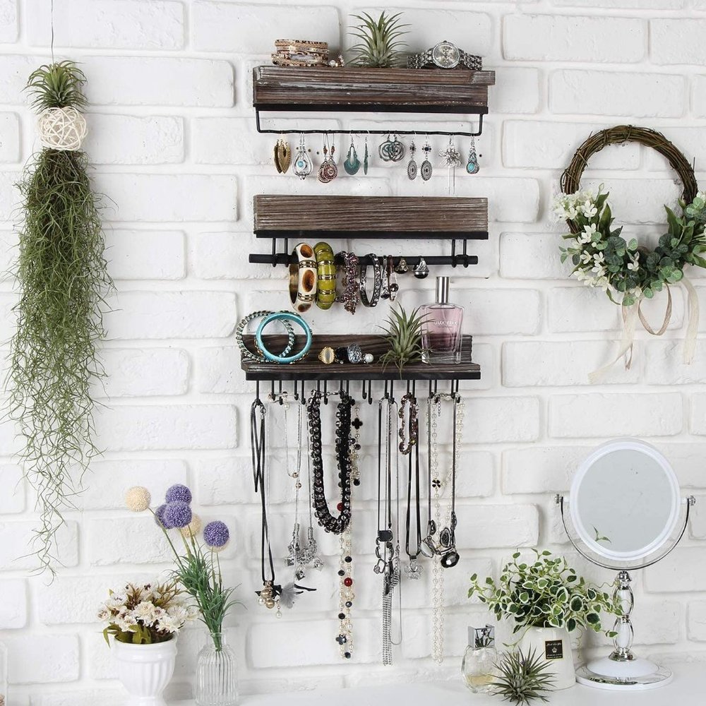 Rustic Wood 3-Piece Wall Mounted Jewelry Rack - Picture 4 of 7